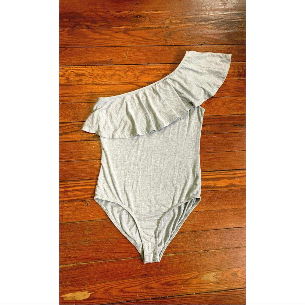 Grey Ruffle One Shoulder Bodysuit